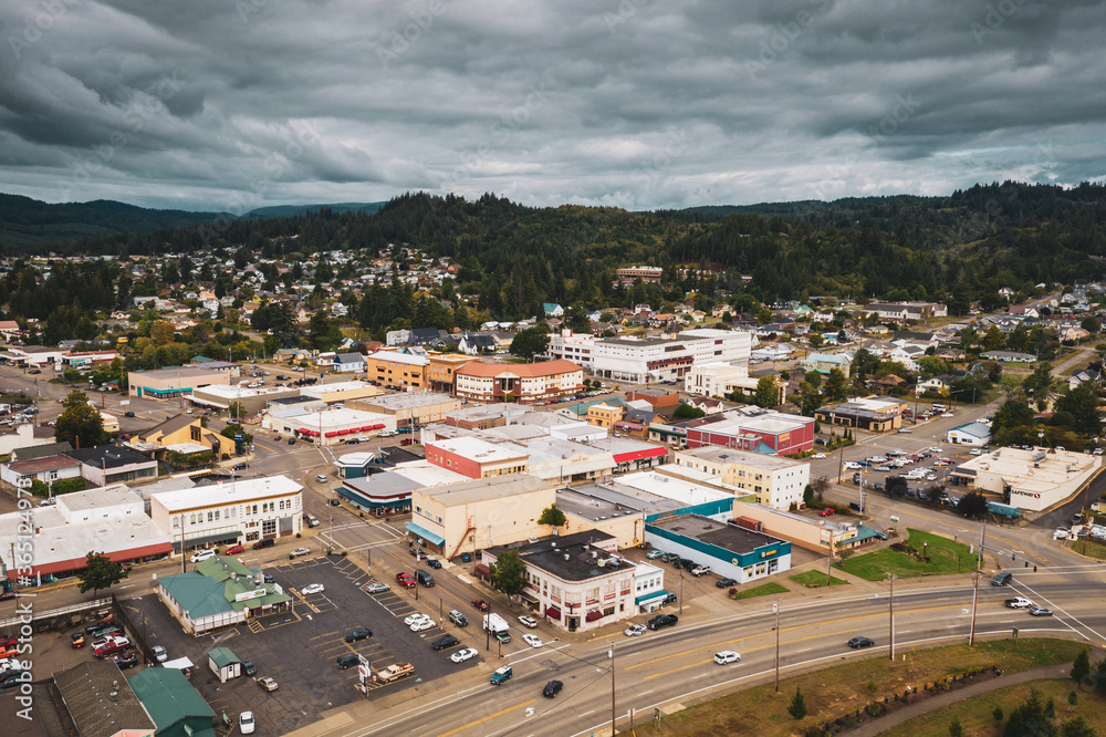 Aerial of Coquille, town in Southern Oregon. 
