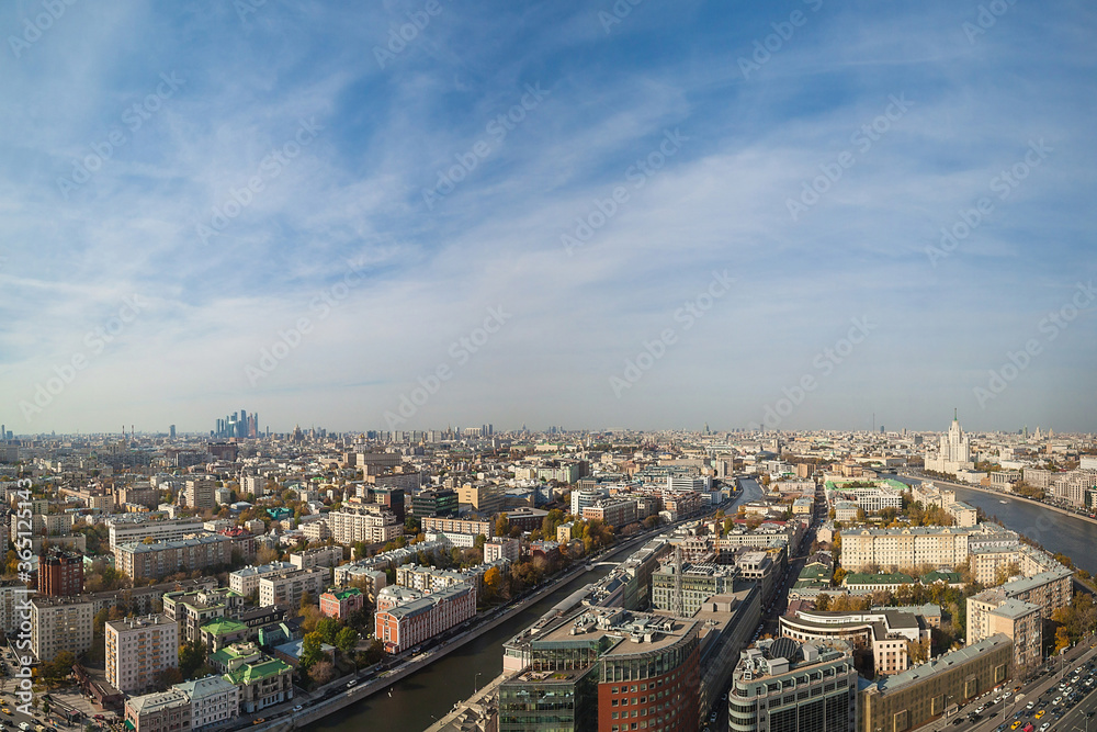 Panorama of Moscow. Panorama of the city on the houses, the river, the embankment and the road. Panorama of Moscow. Panorama of the city on the houses, the river, the embankment and the road.