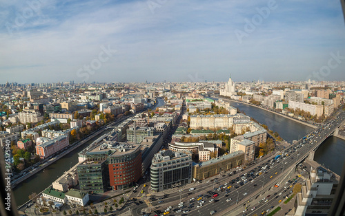 Panorama of Moscow. Panorama of the city on the houses, the river, the embankment and the road.