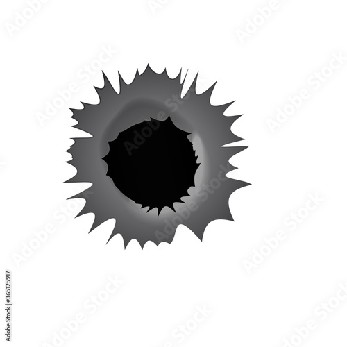 Bullet hole on white background. Realisic metal bullet hole, damage effect. Vector illustration.