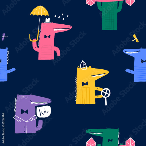 Baby seamless pattern with cute alligators. Creative childish texture for fabric, wrapping, textile, wallpaper, apparel. Vector illustration. Dark blue background.
