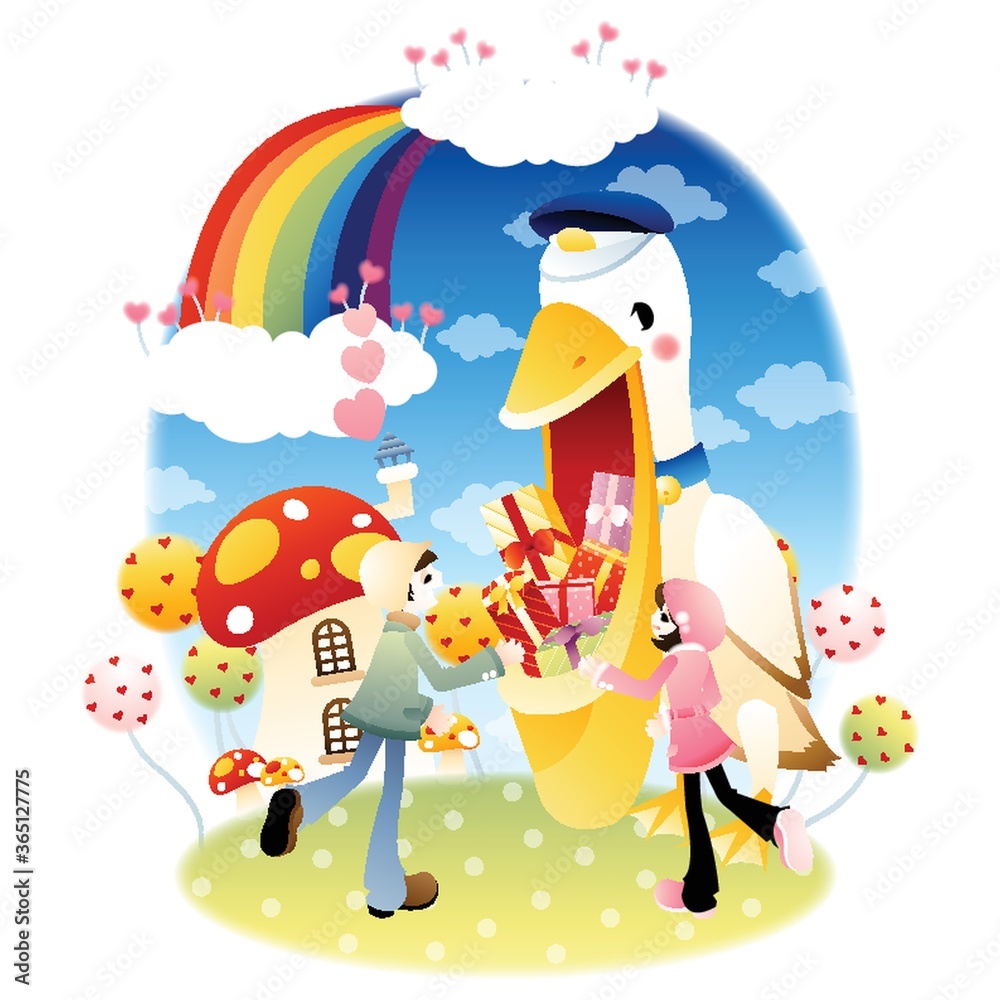 love couple with gifts in pelican mouth