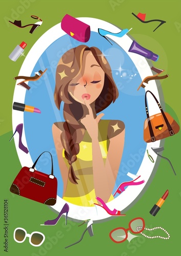 woman thinking about accessories in front of a mirror