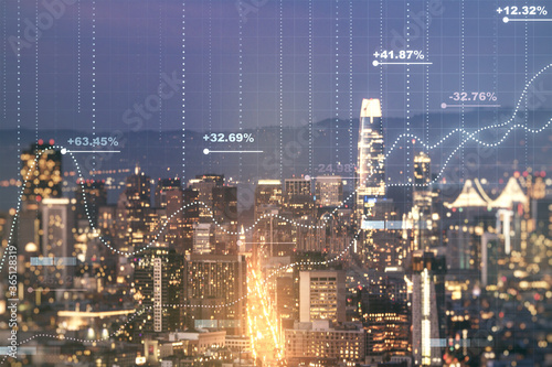 Double exposure of abstract creative statistics data hologram on San Francisco office buildings background, analytics and forecasting concept