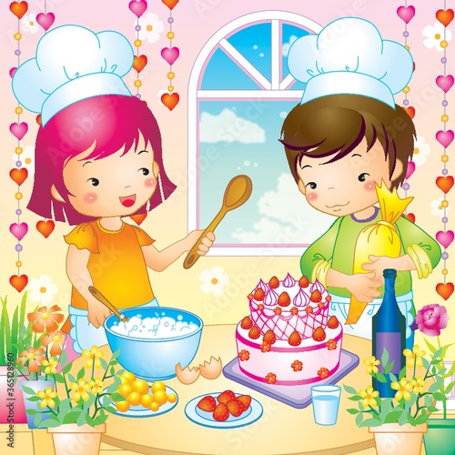 girl and boy baking a cake