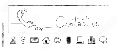 Hand drawn contact icons. address,fax,phone,email,location,mail,website. Line doodle. Contact us. Art and sketch design. Banner symbol. Vector illustration for your graphic design.