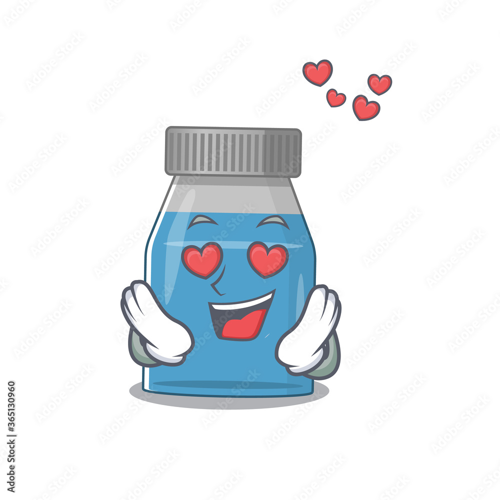 A passionate syrup medicine cartoon mascot concept has a falling in love eyes A passionate syrup medicine cartoon mascot concept has a falling in love eyes