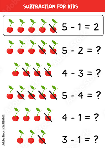 Subtraction with cute cartoon cherries. Math game.