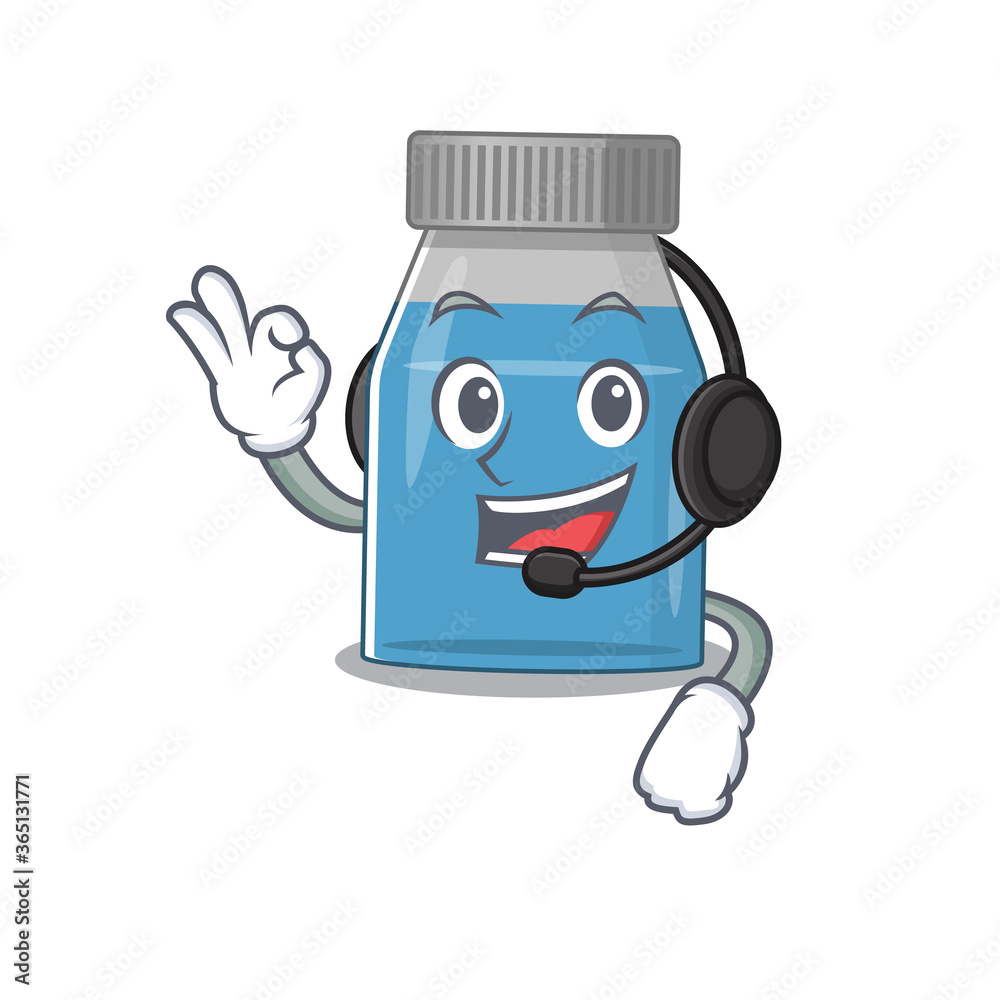 Syrup medicine caricature character concept wearing headphone Syrup medicine caricature character concept wearing headphone