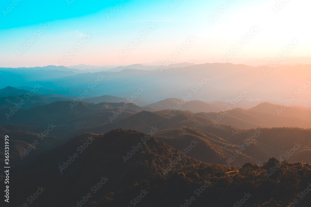 Beautiful summer landscape in the mountains with the sunset