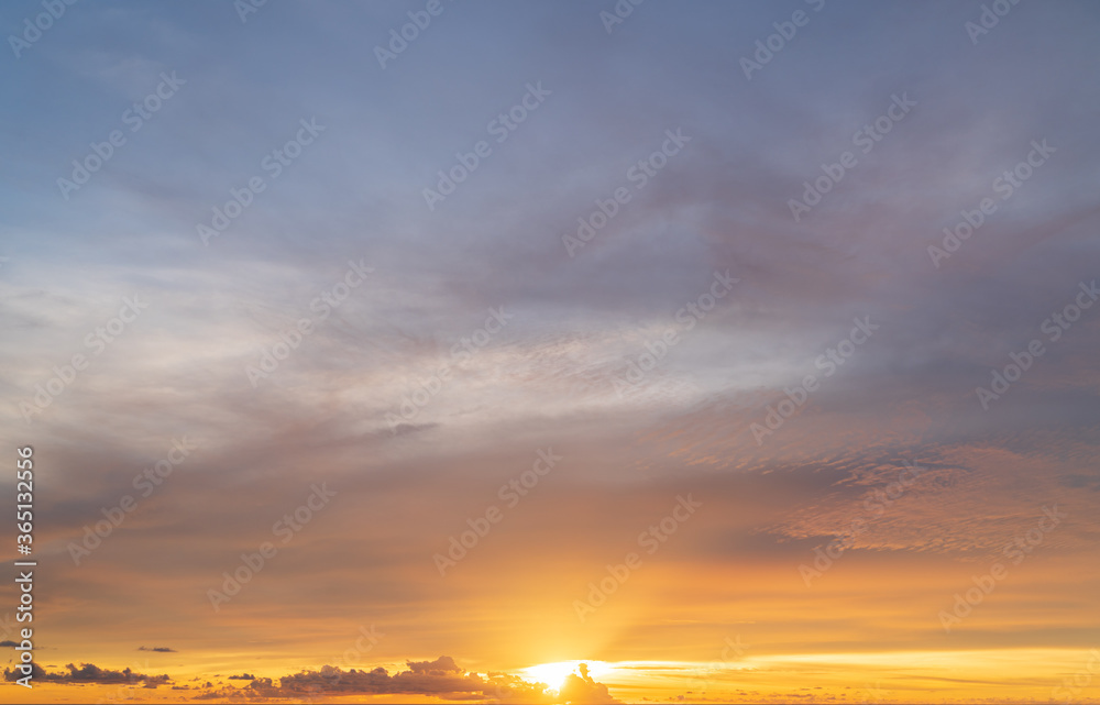 Abstract amazing Scene of stuning Colorful sunset with clouds background in nature and travel concept, wide angle shot Panorama shot.