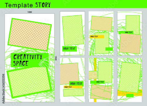 Layout for promotion, social media collage, empty frame, trendy book cover, modern blog post, unique web design workflow, green lines, circles, standout blog post interface, stackable content frame