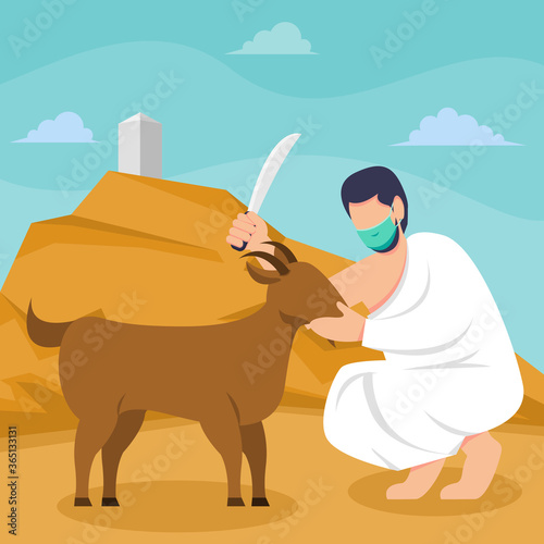 Hajj islamic pilgrimage ritual guide during pandemic covid-19. Flat style vector illustration of muslim characters sacrificing goat as animal qurban while wearing mask to prevent corona virus spread.