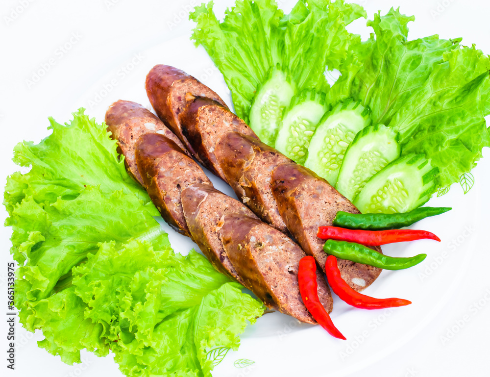 sausage with vegetables in the plate on white background, Thai food sausage with vegetables in the plate on white background, Thai food