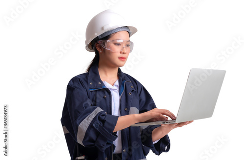 Asian women engineer use laptop on white background