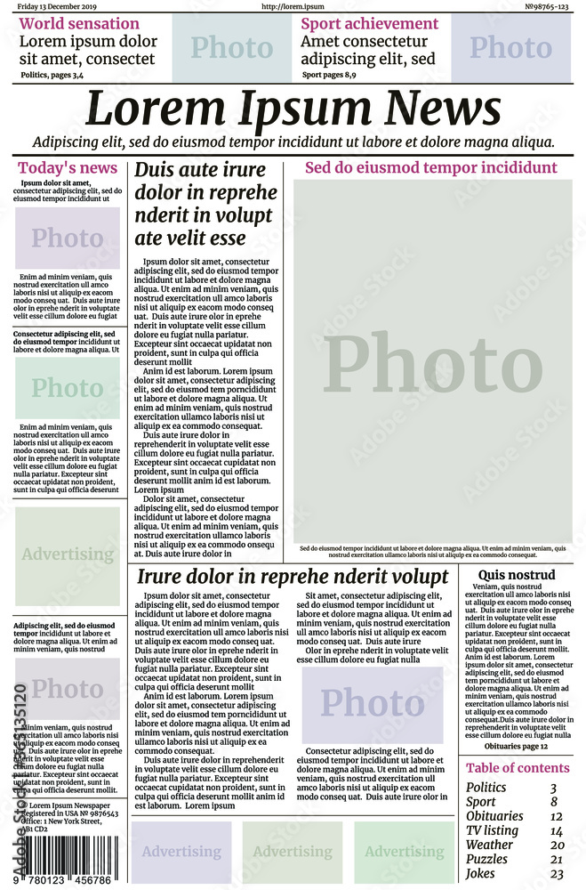 Fototapeta premium Newspaper template. Vector EPS10 layout of the first page. Title, columns, place for photography. Lorem Ipsum text for info fields. Template for business site, newsletters. Daily newspapers design.