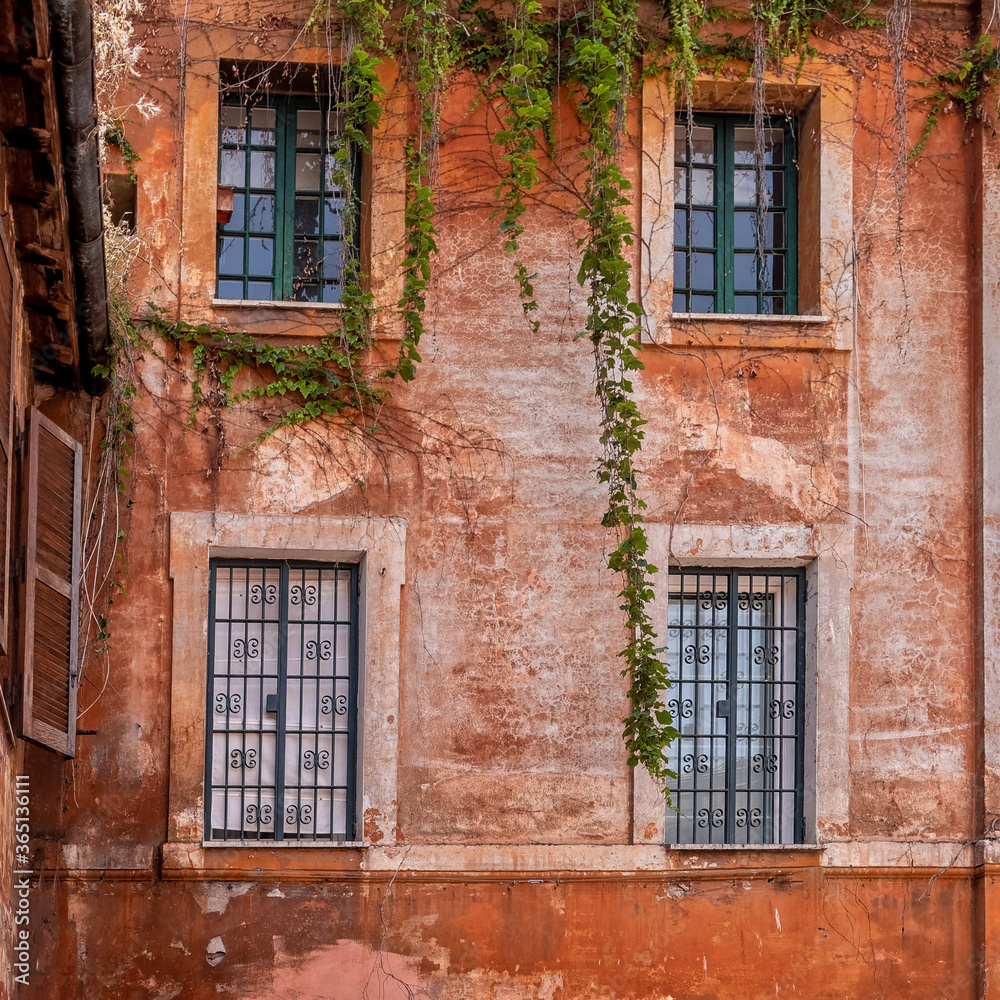 grunge house orange wall and four windows in Trastevere, Rome Italy