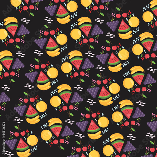 Seamless pattern tropical mix fruits (Watermelon ,Cherry ,Orange ,Lemon ,Banana ,Grapefruit) pattern on white background design for backdrop ,wallpaper ,poster ,postcard and cover book.Summer concept.