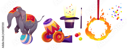 Circus icons with elephant standing on ball, fire ring, cannon, hat and magic wand. Vector cartoon set of circus performance elements isolated on white background