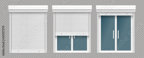 Plastic window with rolling shutter isolated on transparent background. Vector realistic set of closed and open roller up for glass window, white blind for office or shopfront