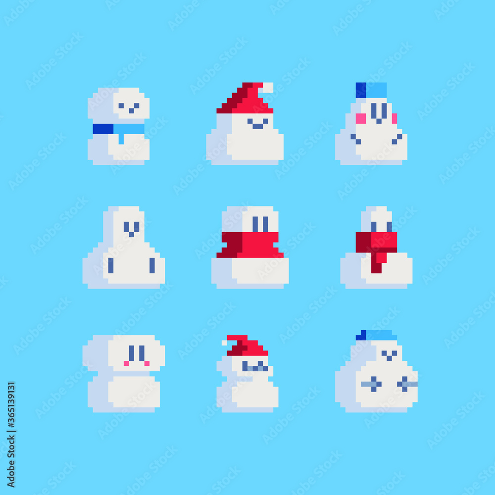 Snowman characters set. Сap on head and red scarf around neck. Pixel art greeting card design. Isolated vector illustration