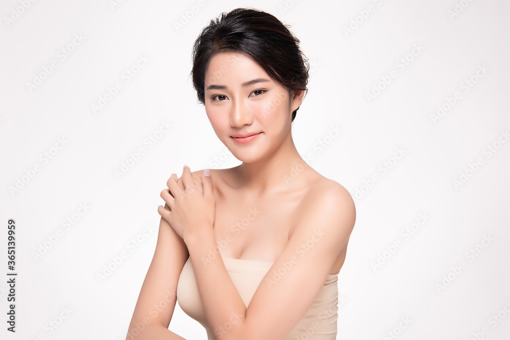 Side view of Beautiful Young Asian Woman touching her body with fresh Healthy Skin, isolated on white background, Beauty Cosmetics and Facial treatment Concept. Side view of Beautiful Young Asian Woman touching her body with fresh Healthy Skin, isolated on white background, Beauty Cosmetics and Facial treatment Concept.