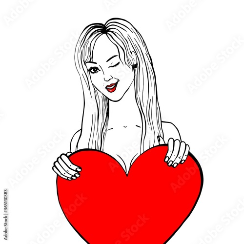 Winking girl without clothes with a red heart. Portrait of a woman with long hair. Black and white sketch  vector illustration.