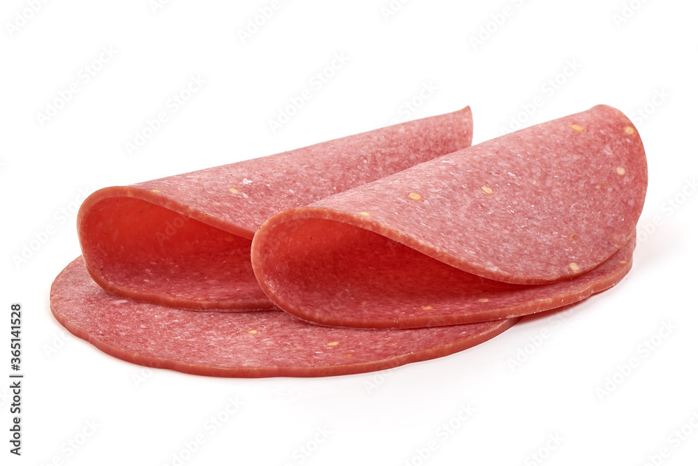 Salami smoked sausage slices, isolated on white background