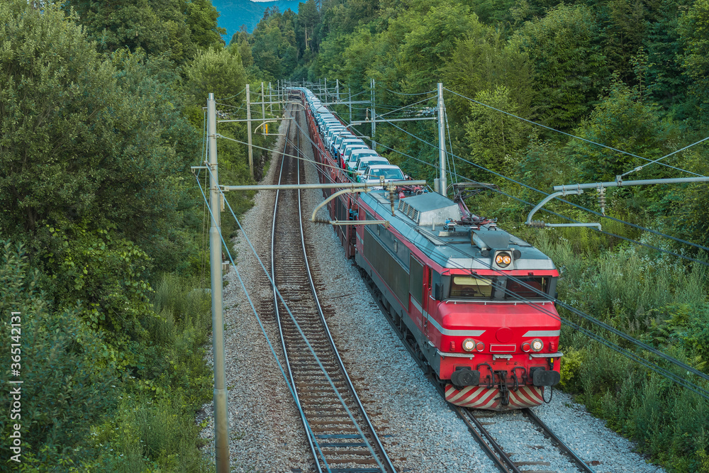 Train carrying newly produced cars. Freight train with loaded automobiles bringing them from central europe to port in late afternoon.
