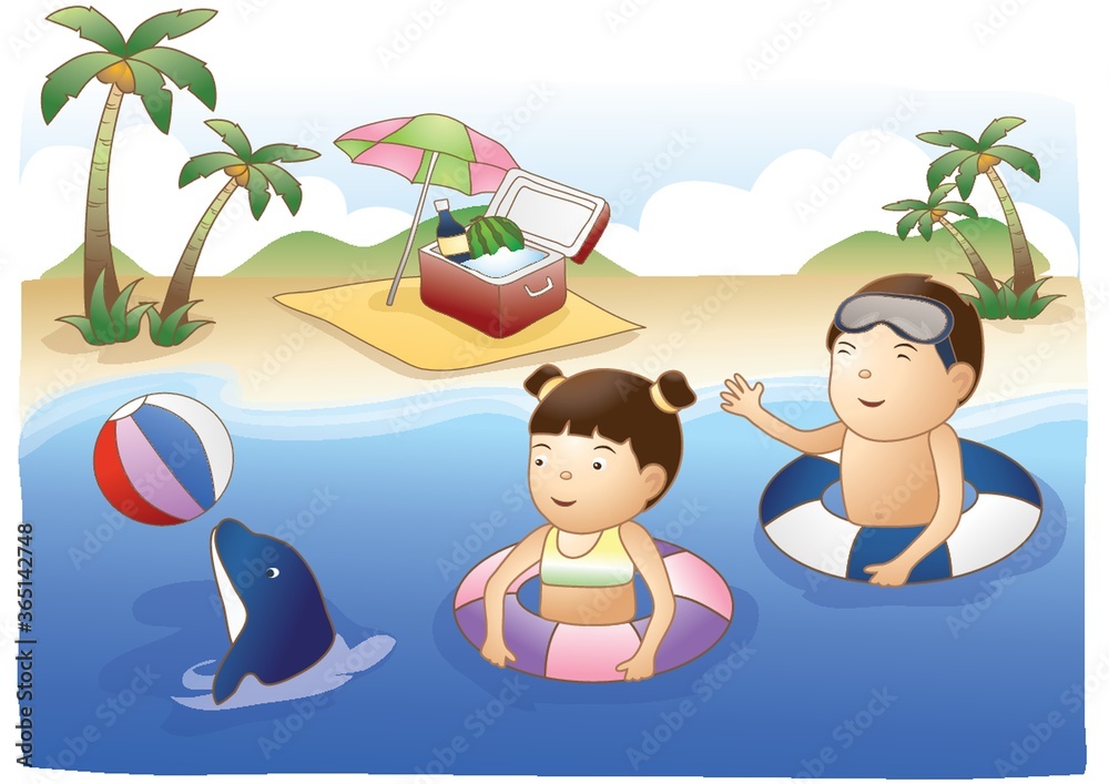 kids having fun in the sea with dolphin