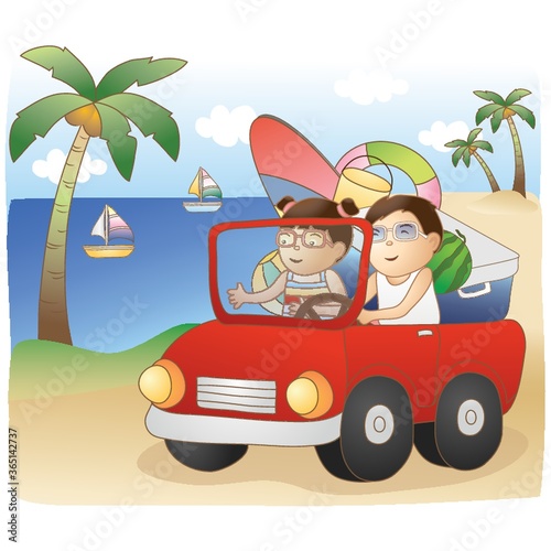 girl and boy traveling in car to beach