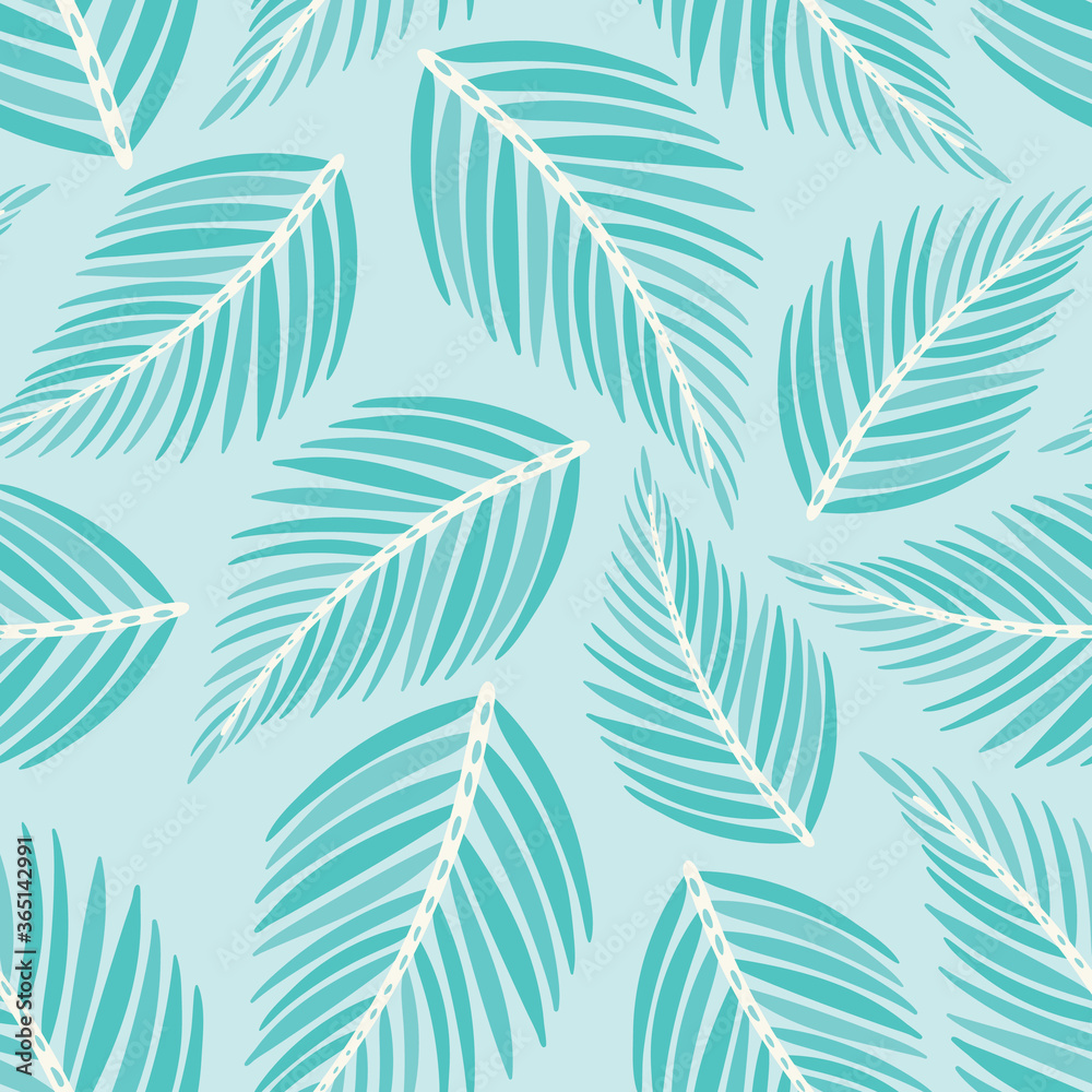 Palm pattern background. Tropical foliage tossed vector seamless repeat design in aqua.