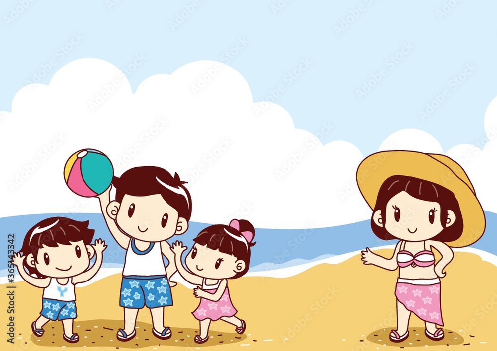 family playing on beach