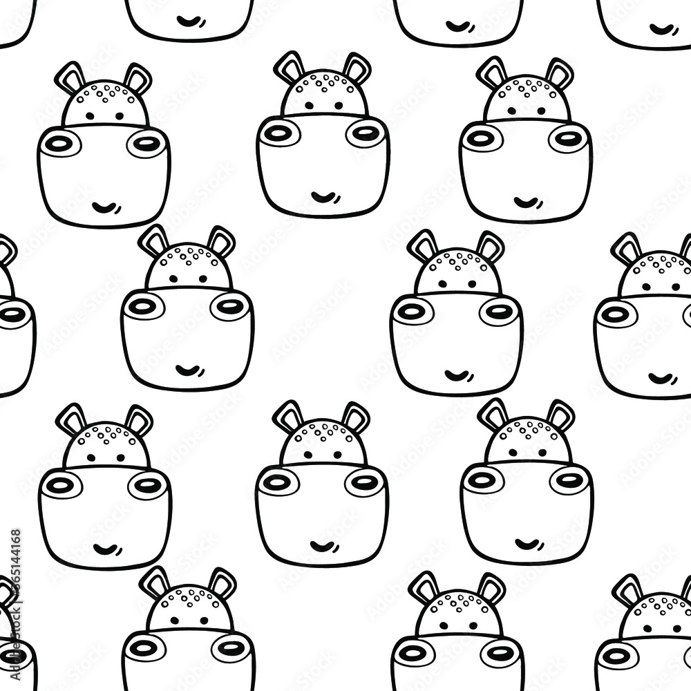 Pattern with cute animals. Black and white seamless illustration. Vector.