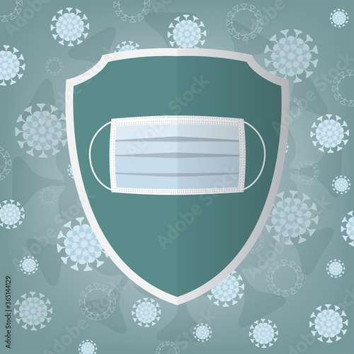Medical face mask on the shield.  Coronavirus quarantine concept. Protective measures for flu. 