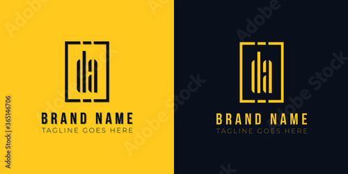 Minimal abstract initial letter DA logo. This icon incorporates abstract rectangle shape and typeface in a creative way. This design in yellow and black background.