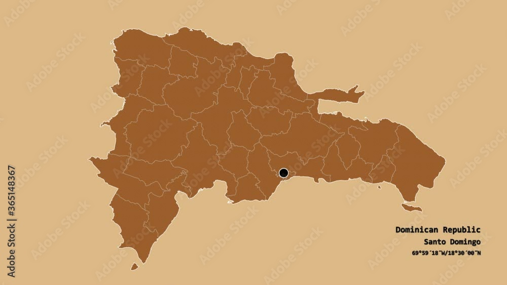 Espaillat, province of Dominican Republic, with its capital, localized, outlined and zoomed with informative overlays on a solid patterned map in the Stereographic projection. Animation 3D Espaillat, province of Dominican Republic, with its capital, localized, outlined and zoomed with informative overlays on a solid patterned map in the Stereographic projection. Animation 3D
