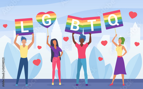 LGBT pride activism concept vector illustration. Cartoon flat homosexual activists people holding multicolored poster symbol of LGBT community, rainbow placards with LGBTQ word isolated on white