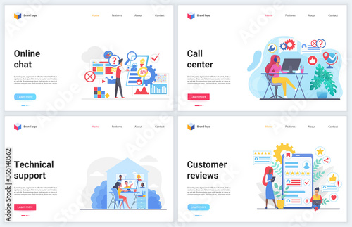 Customer support, help call center vector illustrations. Cartoon flat concept banners, interface website design with consultant hotline online chat, professional supporter answering helpdesk service