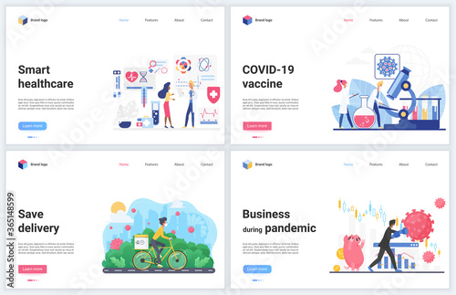 Online contactless services during quarantine concept vector illustrations. Cartoon flat banner set, interface website design with business or healthcare delivering support, vaccine development