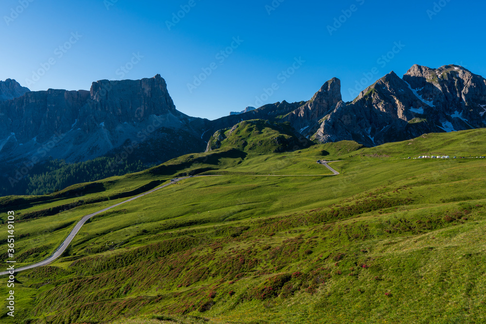 Giau Pass at daylight. Road to the mountain. Clear sky. Italy