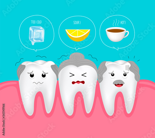 Cute cartoon sensitive senior teeth character. Ice, Sour lemon and hot drinks. Dental care concept.  Illustration on blue background.