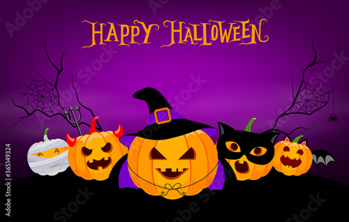 Funny cute cartoon pumpkin character. Witch  bat and mummy  devil and blaclk cat. Trick or treat  happy Halloween concept. Design for banner  poster  greeting card. Illustration.