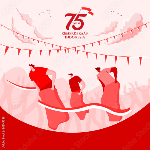 Indonesia independence day greeting card with traditional games concept illustration. 75 tahun kemerdekaan indonesia translates to 75 years Indonesia independence day