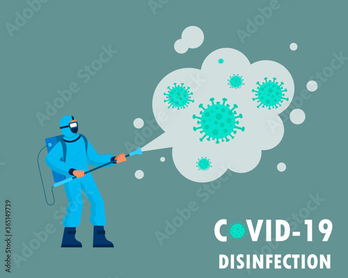 A man in protective suit spraying disinfectant to cleaning and disinfect virus, People fight covid-19 corona virus concept 
