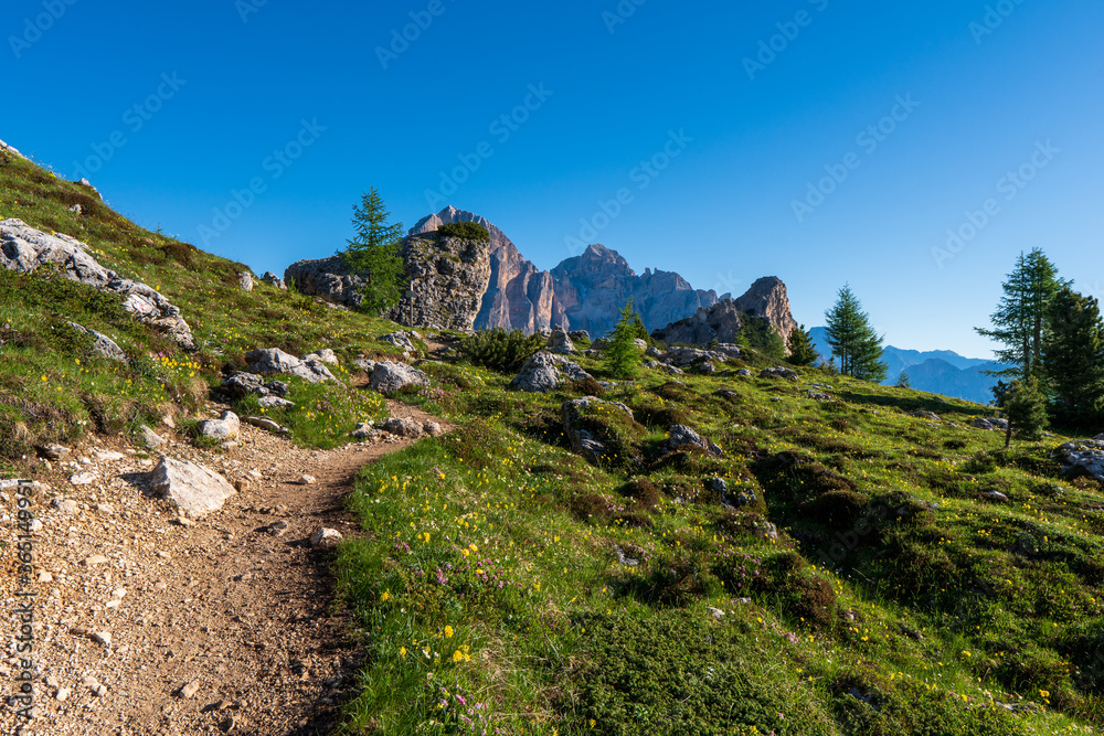 Obraz premium Dirt road and hiking trail track in Dolomites mountain, Italy, in Bolzano, South Tyrol, Northwestern Dolomites, Italy.