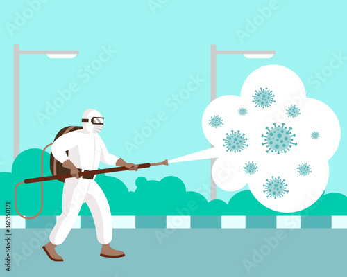 Vector illustration of a man in protective suit spraying disinfectant to cleaning and disinfect virus, covid-19 corona virus, China