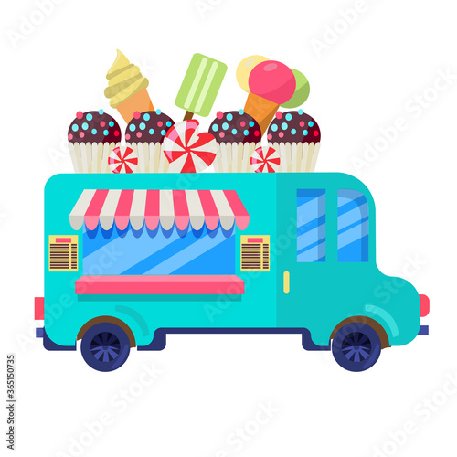 Street Food Truck concept isolated on a white background. Fast food delivery.  Flat design vector. Cartoon fast food car with big cupcakes, candy and ice cream on the roof. Street burger.