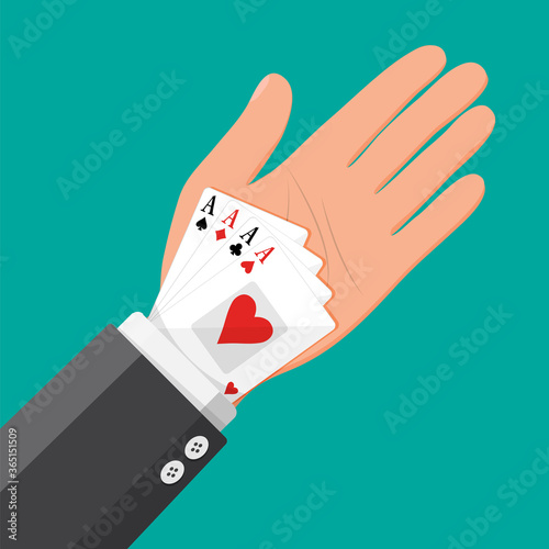 Businessman hides aces playing cards in his sleeve. Ace in the pocket. Concept of backup or plan B, second chance. Cheating at play, luck or business success. Flat vector illustration
