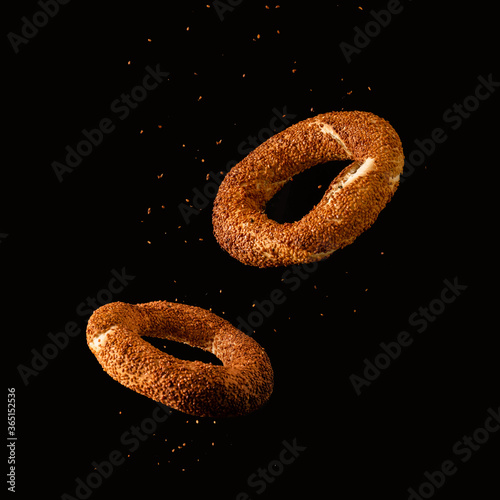 Floating turkish sesame bagels, simit for turkish breakfest